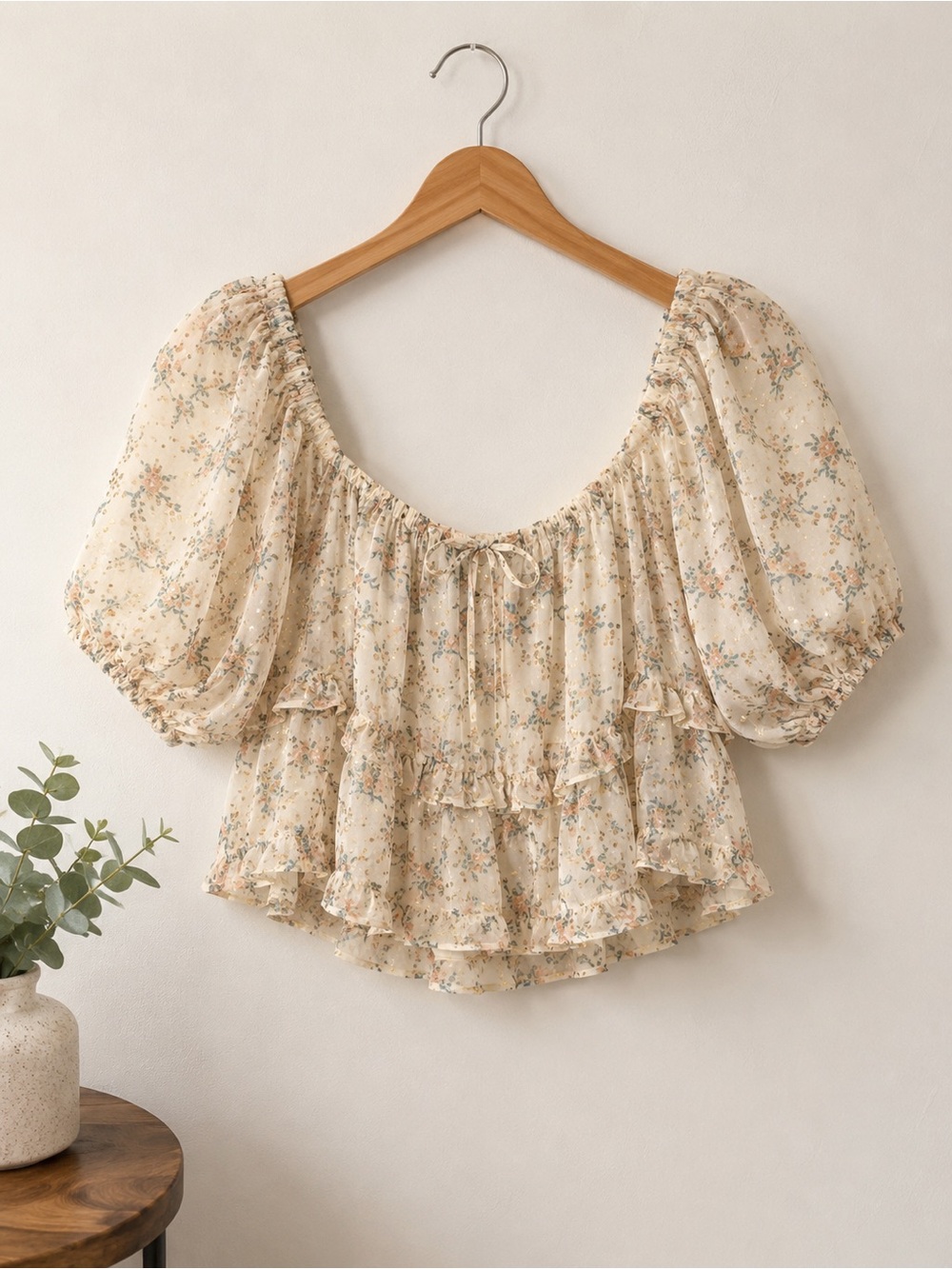 Storia Cream Floral Puff Sleeve Ruffle Crop Top Size Small Cottagecore